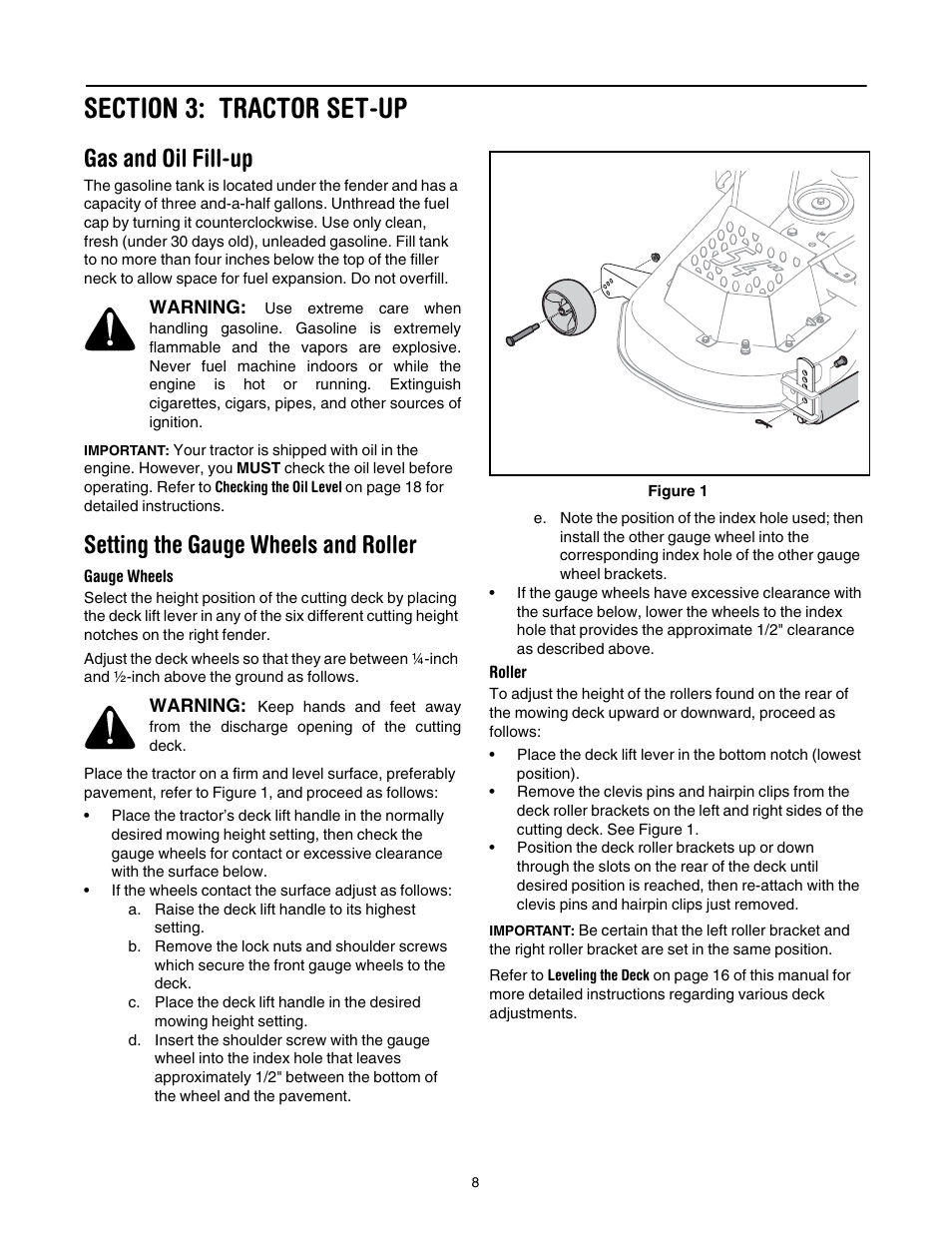 Section 3: tractor set-up, Gas and oil fill-up, Setting the gauge wheels and roller | Cub Cadet GT1554 User Manual | Page 8 / 36
