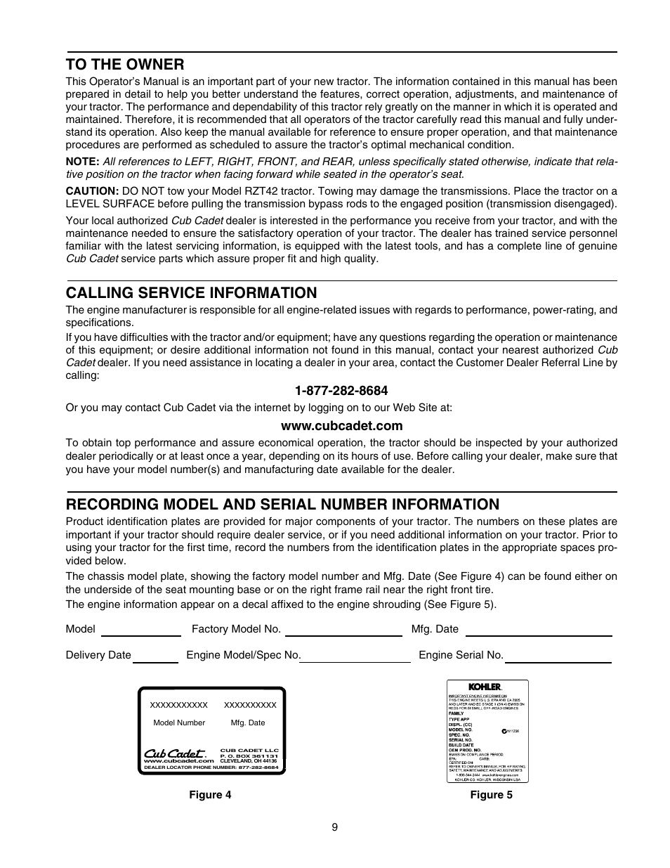 Calling service information, Recording model and serial number information | Cub Cadet RZT 42 User Manual | Page 9 / 36