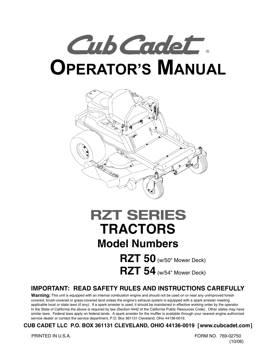 Cub Cadet RZT 54 User Manual | 56 pages