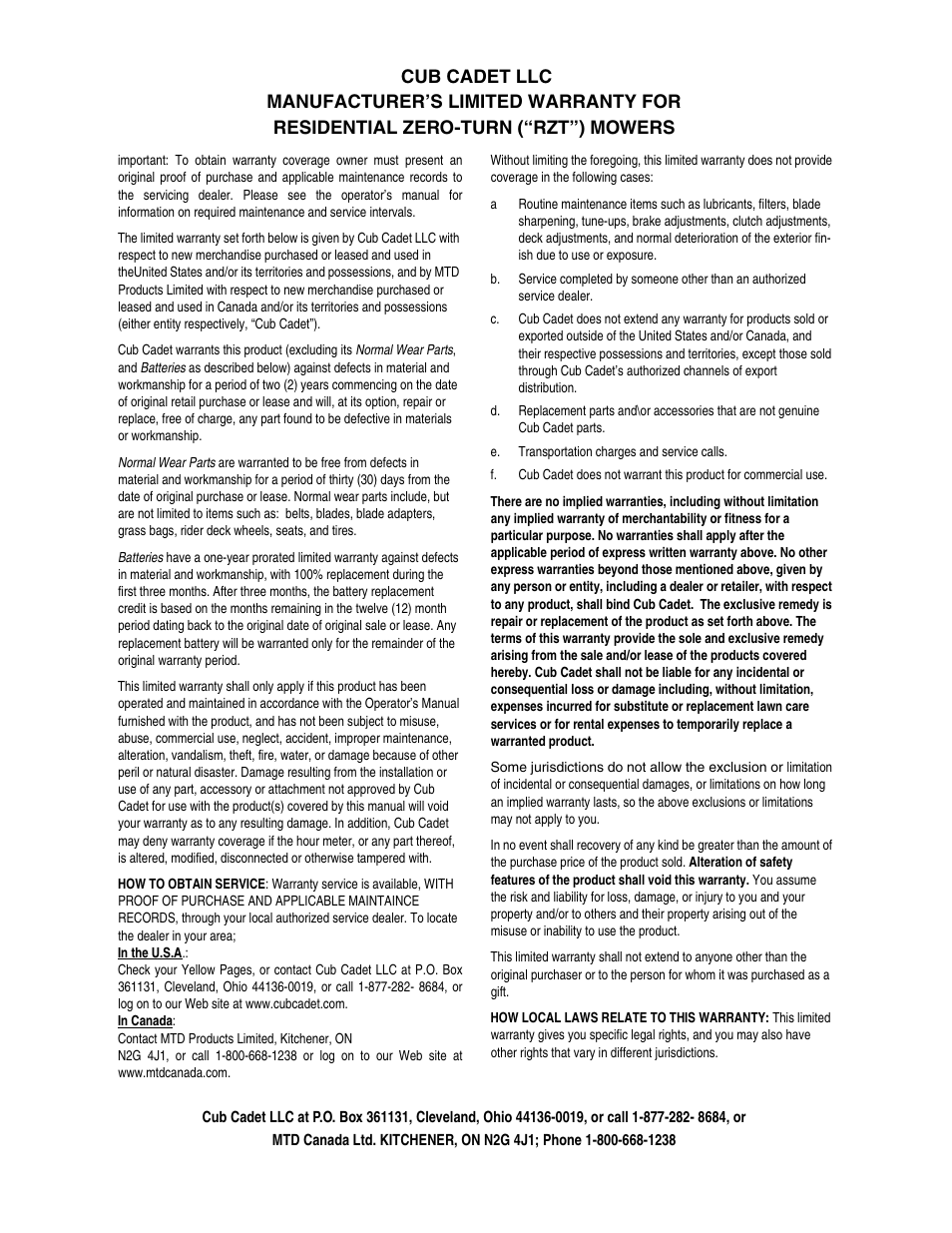 Cub Cadet RZT 54 User Manual | Page 56 / 56