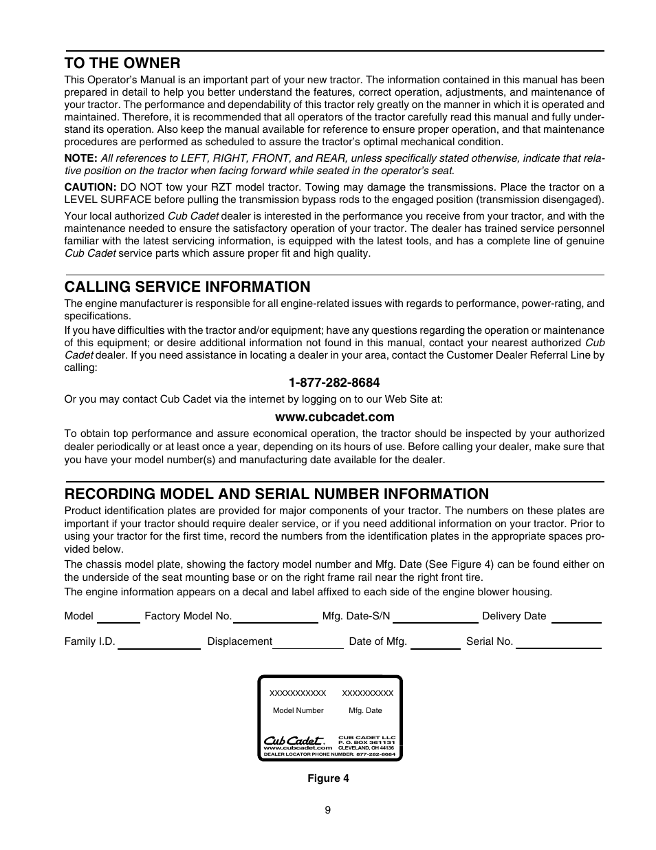 Calling service information, Recording model and serial number information | Cub Cadet RZT 54 User Manual | Page 9 / 56