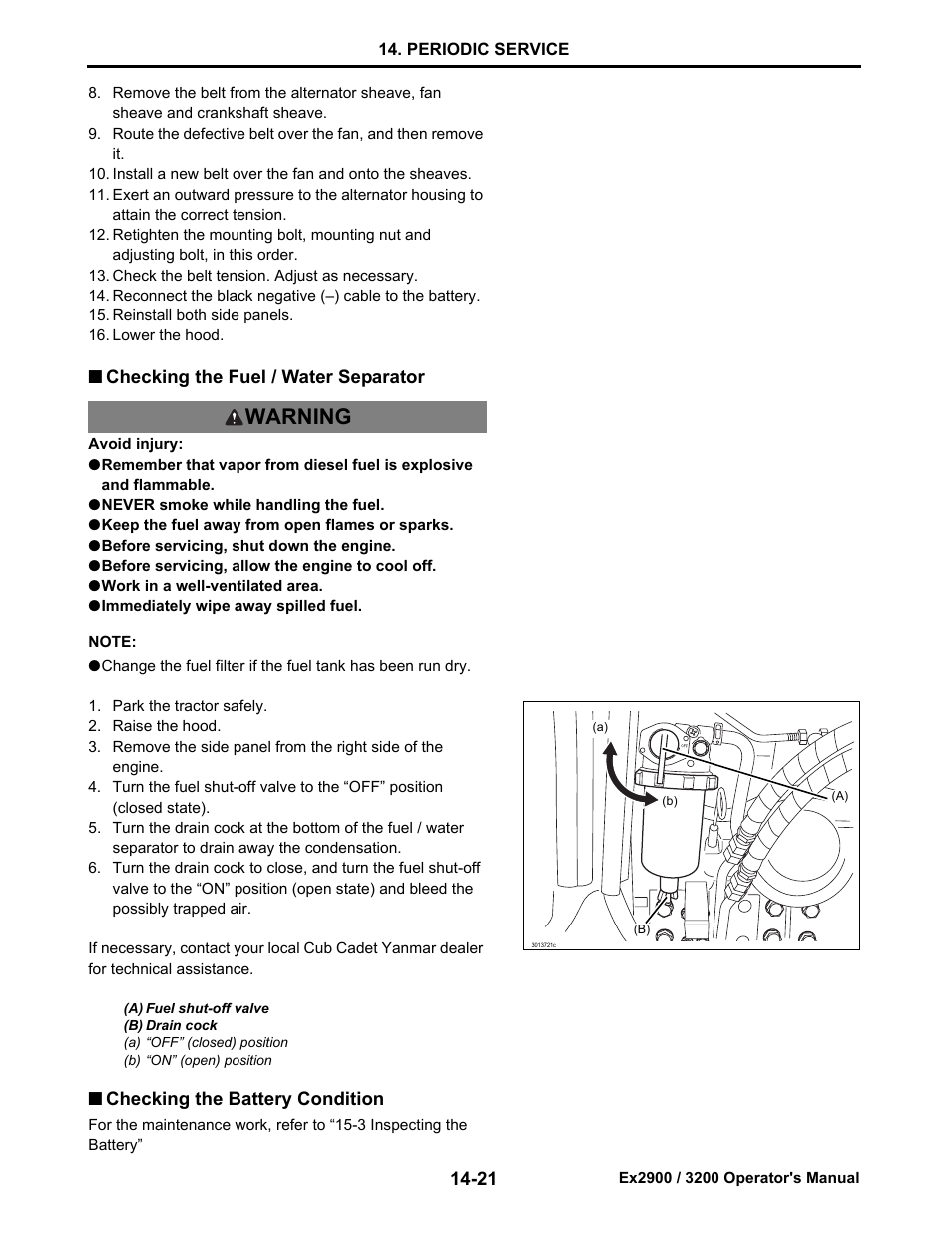 Checking the fuel / water separator, Checking the battery condition, Checking the fuel / water separator -21 | Checking the battery condition -21, Warning | Cub Cadet Ex2900 User Manual | Page 103 / 134