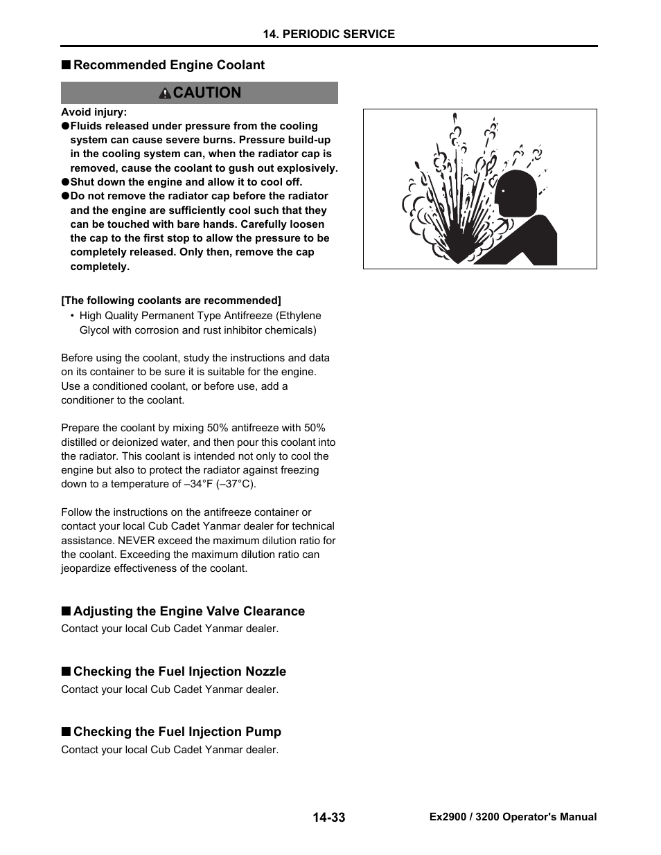 Recommended engine coolant, Adjusting the engine valve clearance, Checking the fuel injection nozzle | Checking the fuel injection pump, Recommended engine coolant -33, Adjusting the engine valve clearance -33, Checking the fuel injection nozzle -33, Checking the fuel injection pump -33, Caution | Cub Cadet Ex2900 User Manual | Page 115 / 134