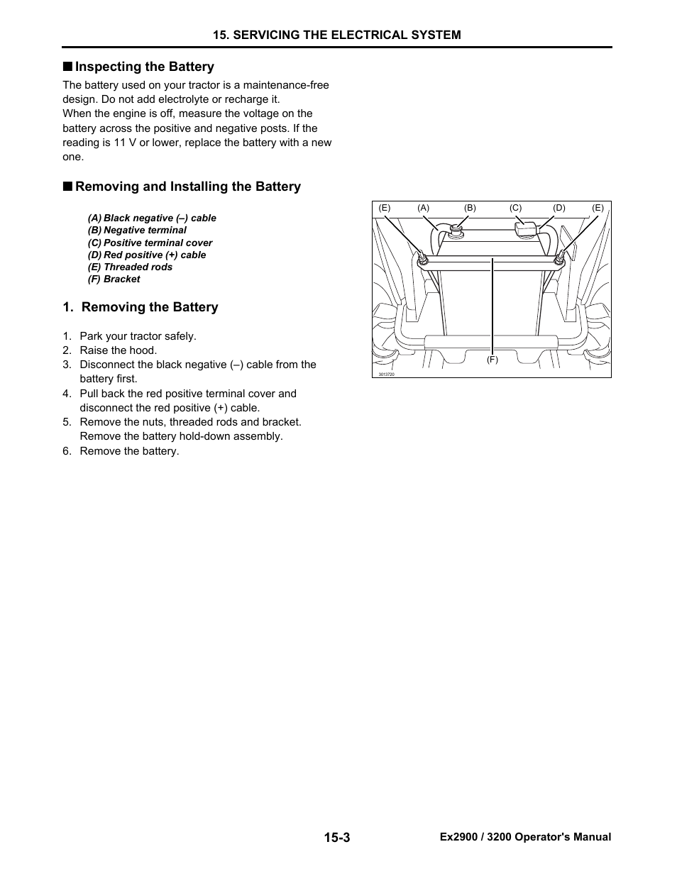 Inspecting the battery, Removing and installing the battery, Removing the battery | Inspecting the battery -3, Removing and installing the battery -3, Removing the battery -3 | Cub Cadet Ex2900 User Manual | Page 119 / 134