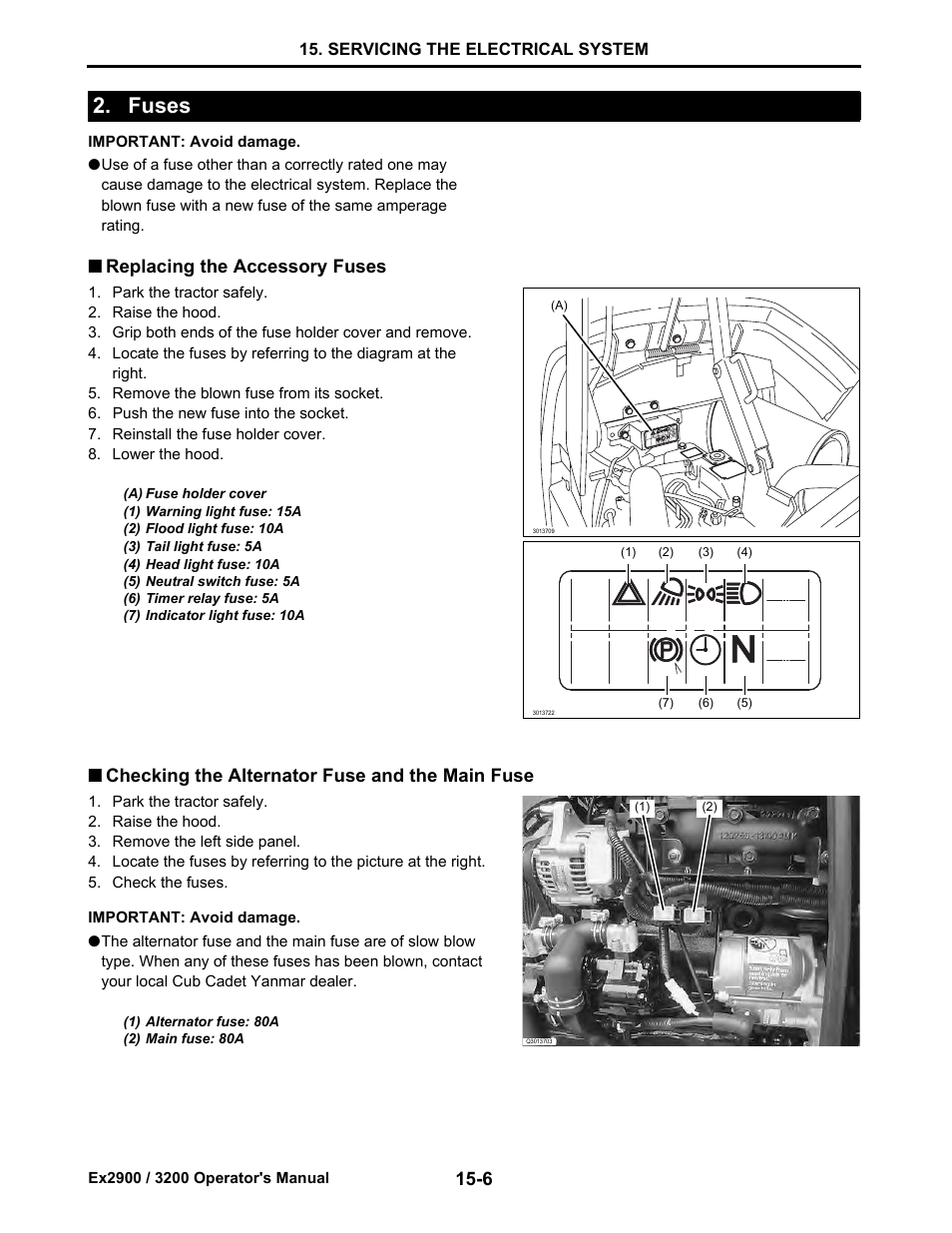 Fuses, Replacing the accessory fuses, Checking the alternator fuse and the main fuse | Fuses -6, Replacing the accessory fuses -6, Checking the alternator fuse and the main fuse -6, Servicing the electrical system | Cub Cadet Ex2900 User Manual | Page 122 / 134