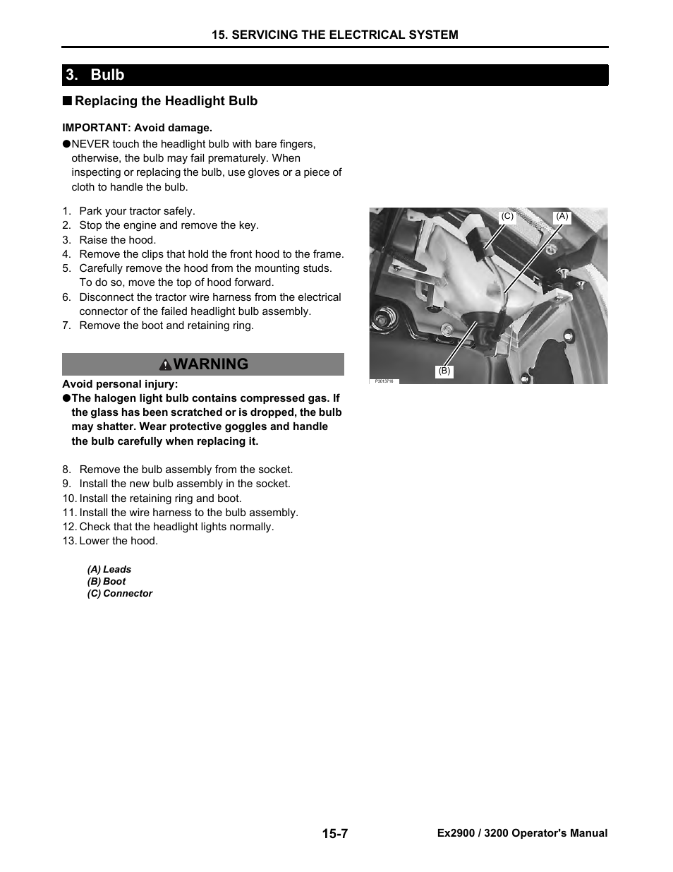 Bulb, Replacing the headlight bulb, Bulb -7 | Replacing the headlight bulb -7, Bulb warning | Cub Cadet Ex2900 User Manual | Page 123 / 134