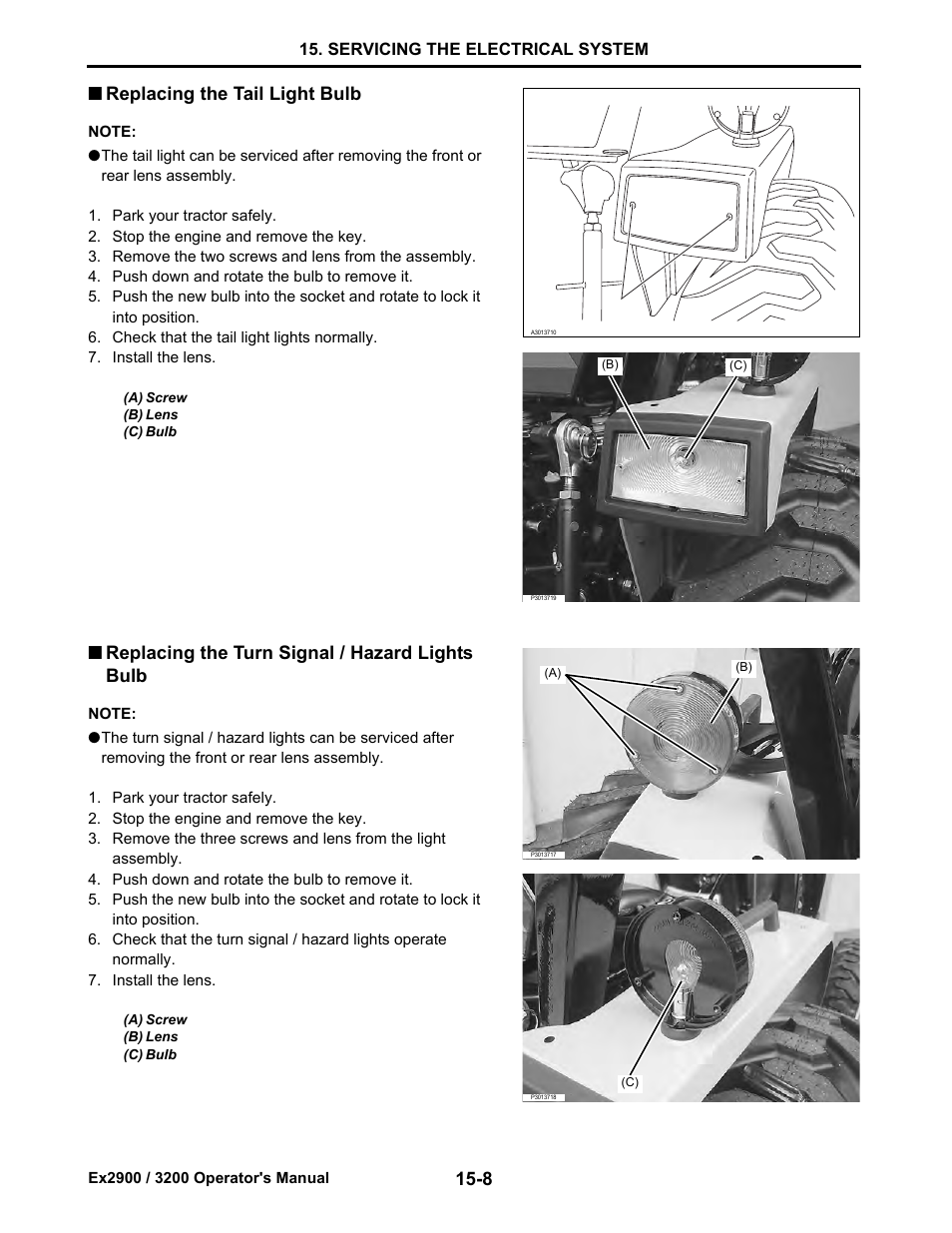 Replacing the tail light bulb, Replacing the turn signal / hazard lights bulb, Replacing the tail light bulb -8 | Replacing the turn signal / hazard lights bulb -8 | Cub Cadet Ex2900 User Manual | Page 124 / 134