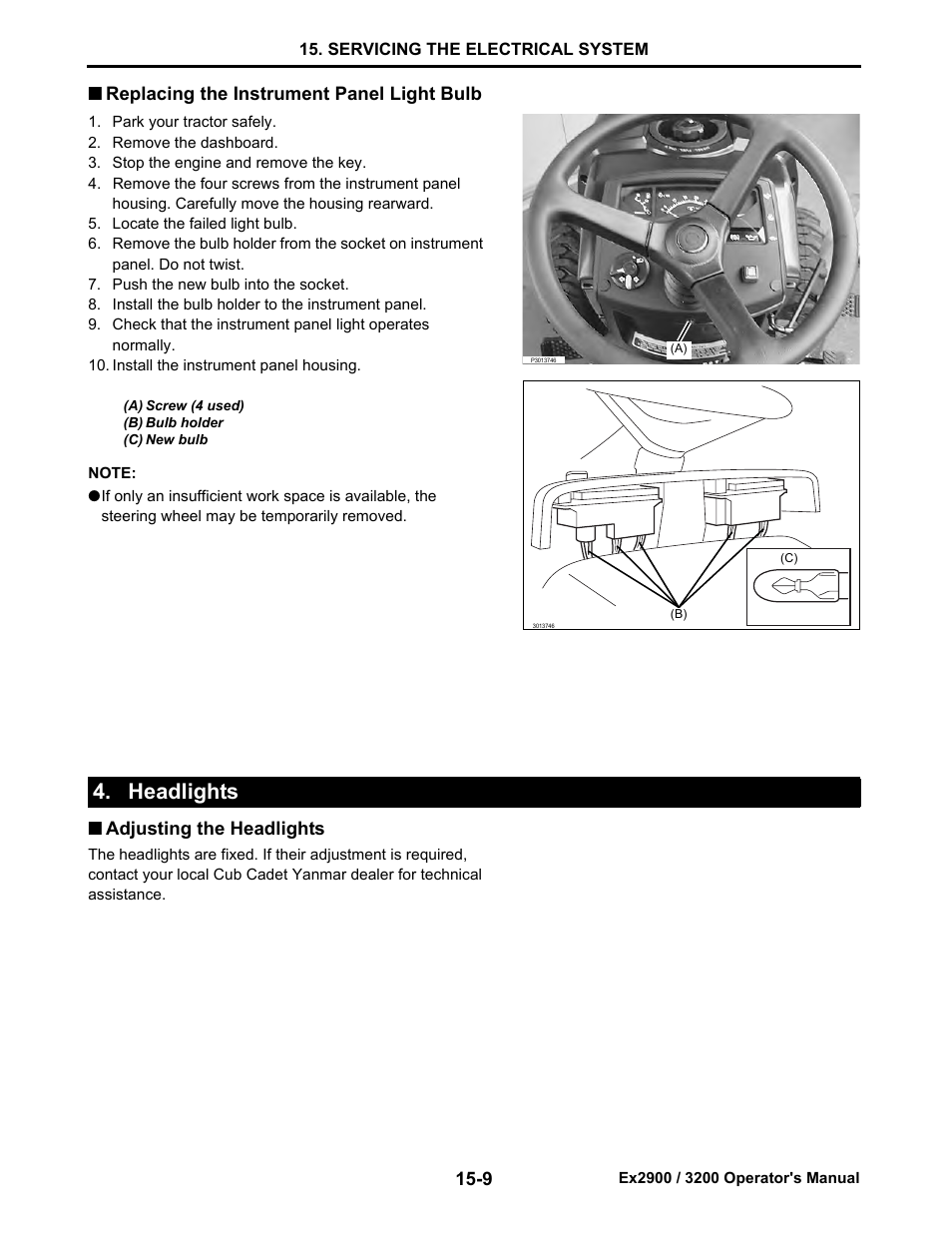 Replacing the instrument panel light bulb, Headlights, Adjusting the headlights | Replacing the instrument panel light bulb -9, Headlights -9, Adjusting the headlights -9 | Cub Cadet Ex2900 User Manual | Page 125 / 134
