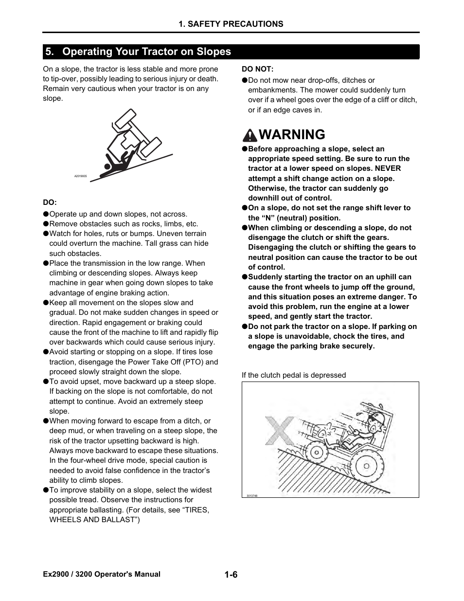 Operating your tractor on slopes, Operating your tractor on slopes -6, Warning | Cub Cadet Ex2900 User Manual | Page 14 / 134
