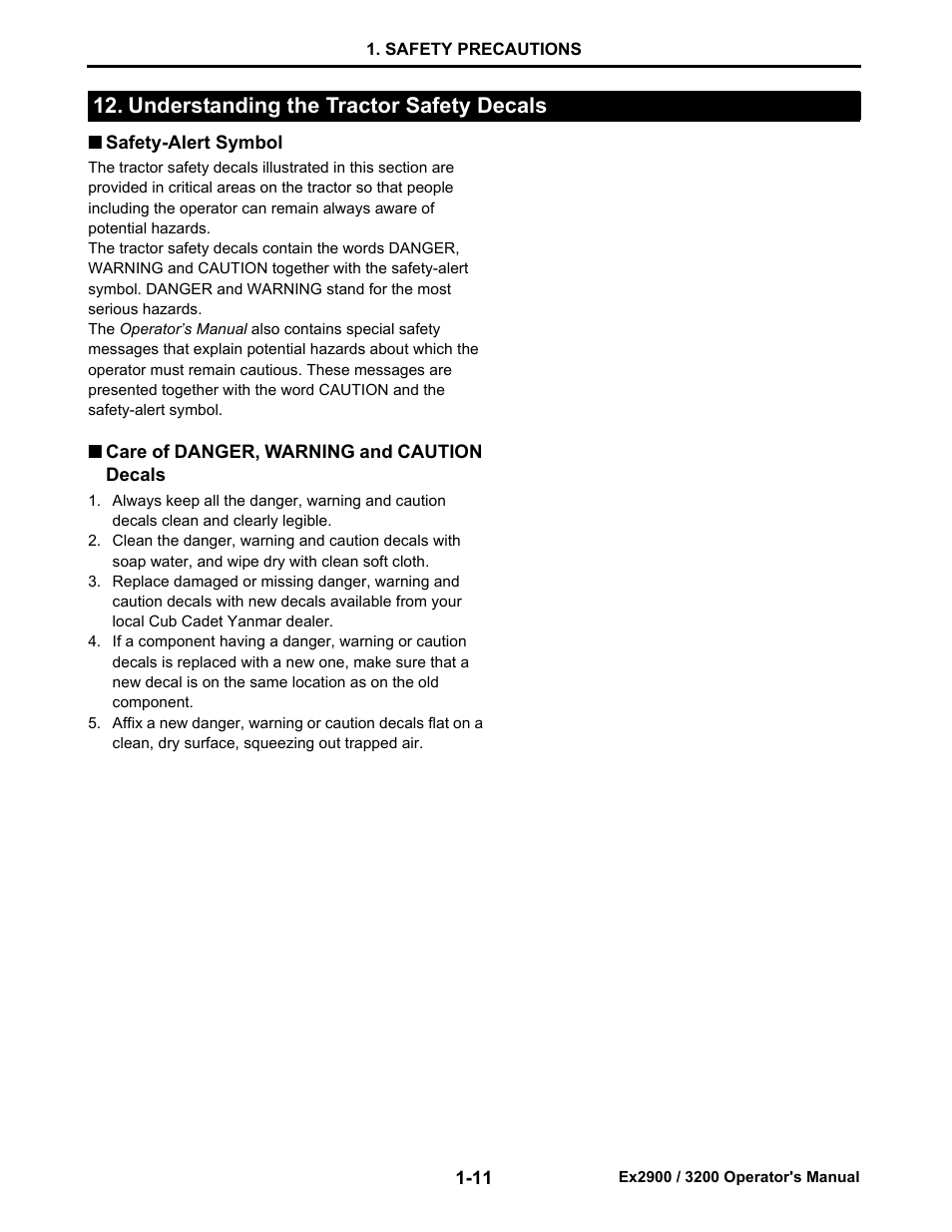 Understanding the tractor safety decals, Safety-alert symbol, Care of danger, warning and caution decals | Understanding the tractor safety decals -11, Safety-alert symbol -11, Care of danger, warning and caution decals -11 | Cub Cadet Ex2900 User Manual | Page 19 / 134