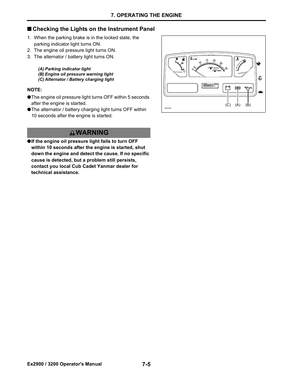 Checking the lights on the instrument panel, Checking the lights on the instrument panel -5, Warning | Cub Cadet Ex2900 User Manual | Page 38 / 134