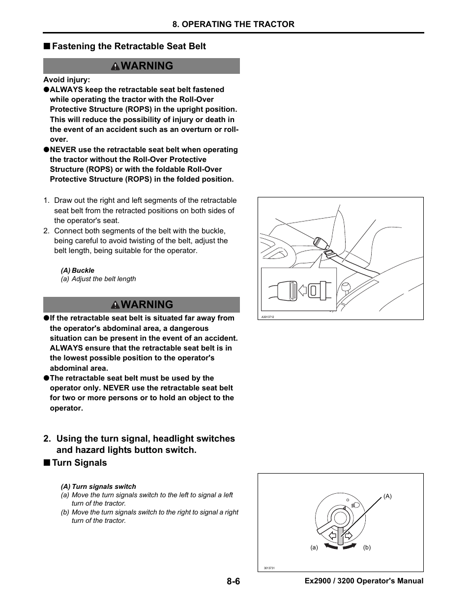 Fastening the retractable seat belt, Turn signals, Fastening the retractable seat belt -6 | Turn signals -6, Warning | Cub Cadet Ex2900 User Manual | Page 47 / 134