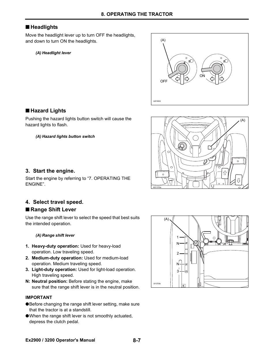Headlights, Hazard lights, Range shift lever | Headlights -7, Hazard lights -7, Range shift lever -7, Start the engine, Select travel speed. ■ range shift lever | Cub Cadet Ex2900 User Manual | Page 48 / 134
