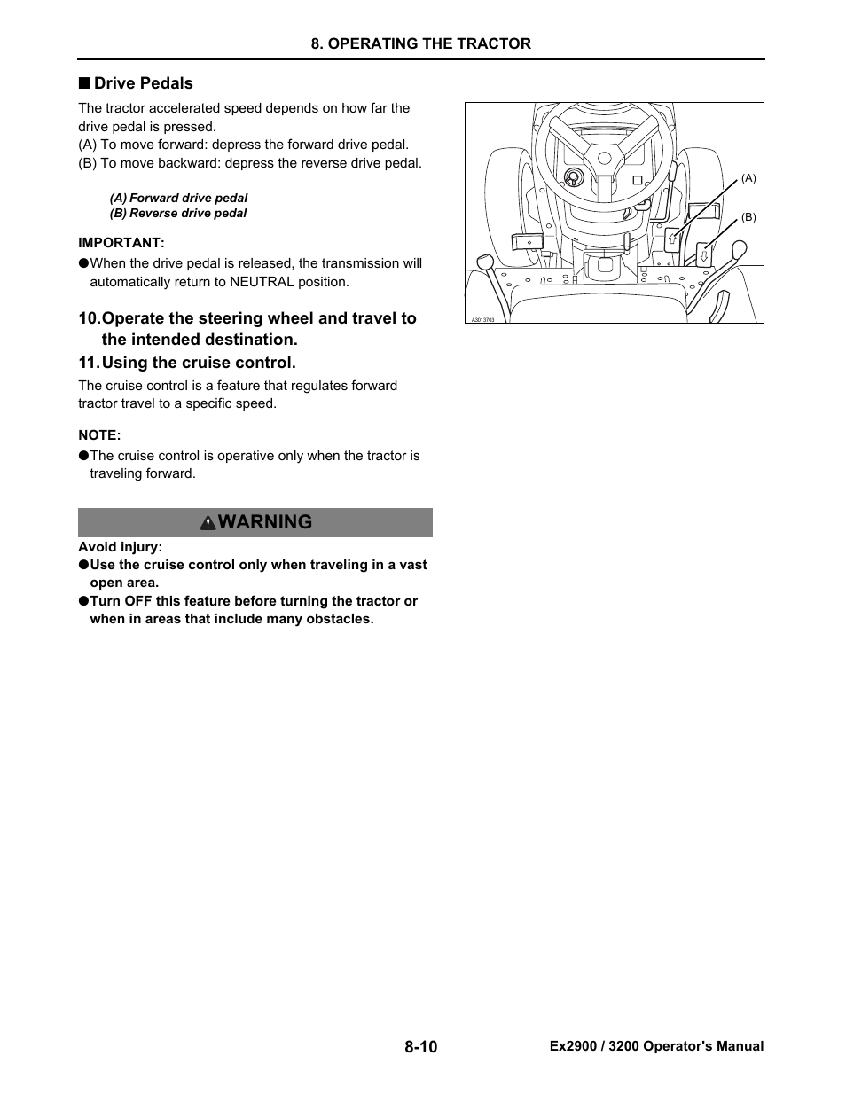 Drive pedals, Drive pedals -10, Warning | Cub Cadet Ex2900 User Manual | Page 51 / 134