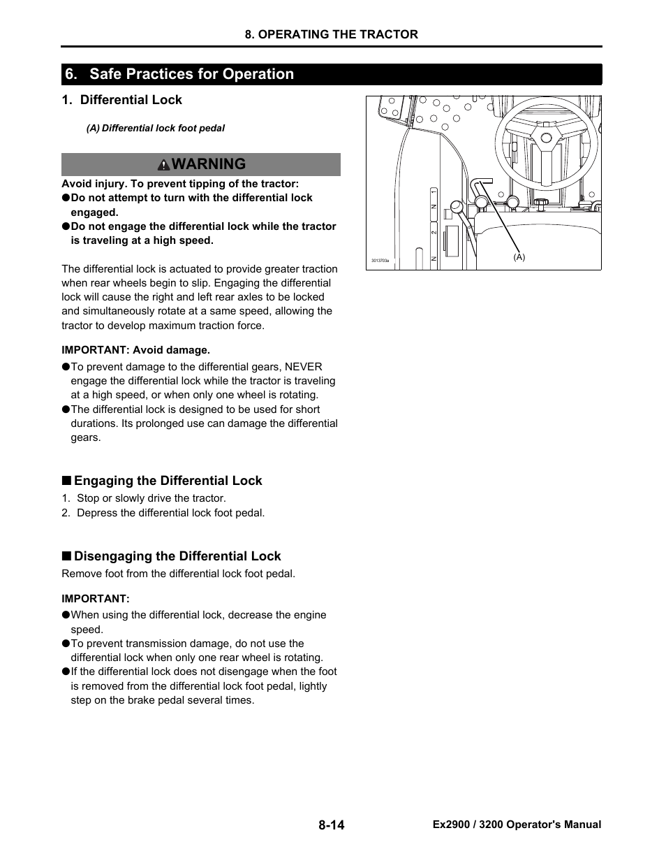 Safe practices for operation, Differential lock, Engaging the differential lock | Disengaging the differential lock, Safe practices for operation -14, Differential lock -14, Engaging the differential lock -14, Disengaging the differential lock -14, Safe practices for operation warning | Cub Cadet Ex2900 User Manual | Page 55 / 134