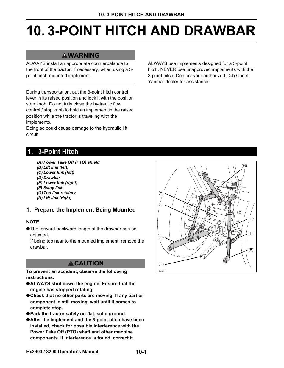 3-point hitch and drawbar, Point hitch, Prepare the implement being mounted | 3-point hitch -1, Prepare the implement being mounted -1, Point hitch and drawbar -1, Warning 1. 3-point hitch caution | Cub Cadet Ex2900 User Manual | Page 66 / 134