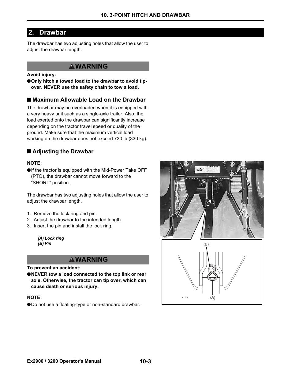 Drawbar, Maximum allowable load on the drawbar, Adjusting the drawbar | Drawbar -3, Maximum allowable load on the drawbar -3, Adjusting the drawbar -3, Drawbar warning warning | Cub Cadet Ex2900 User Manual | Page 68 / 134