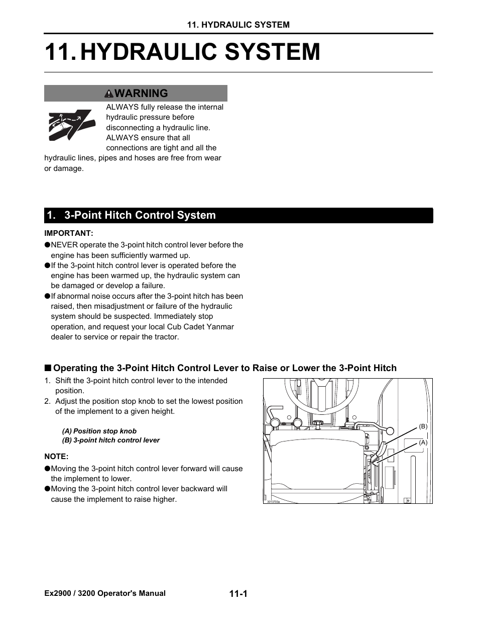 Hydraulic system, Point hitch control system, 3-point hitch control system -1 | Hydraulic system -1, Warning 1. 3-point hitch control system | Cub Cadet Ex2900 User Manual | Page 70 / 134