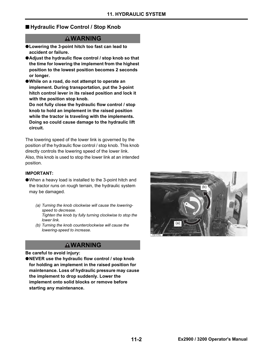 Hydraulic flow control / stop knob, Hydraulic flow control / stop knob -2, Warning | Cub Cadet Ex2900 User Manual | Page 71 / 134