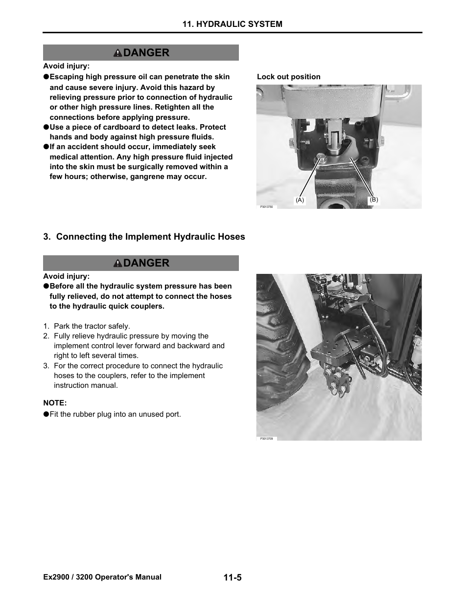 Connecting the implement hydraulic hoses, Connecting the implement hydraulic hoses -5, Danger | Cub Cadet Ex2900 User Manual | Page 74 / 134