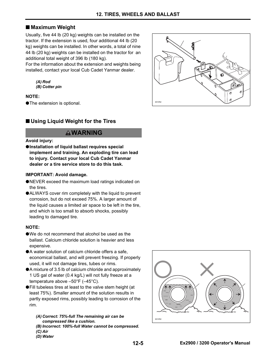 Maximum weight, Using liquid weight for the tires, Maximum weight -5 | Using liquid weight for the tires -5, R to “using liquid weight for the tires, Warning | Cub Cadet Ex2900 User Manual | Page 79 / 134