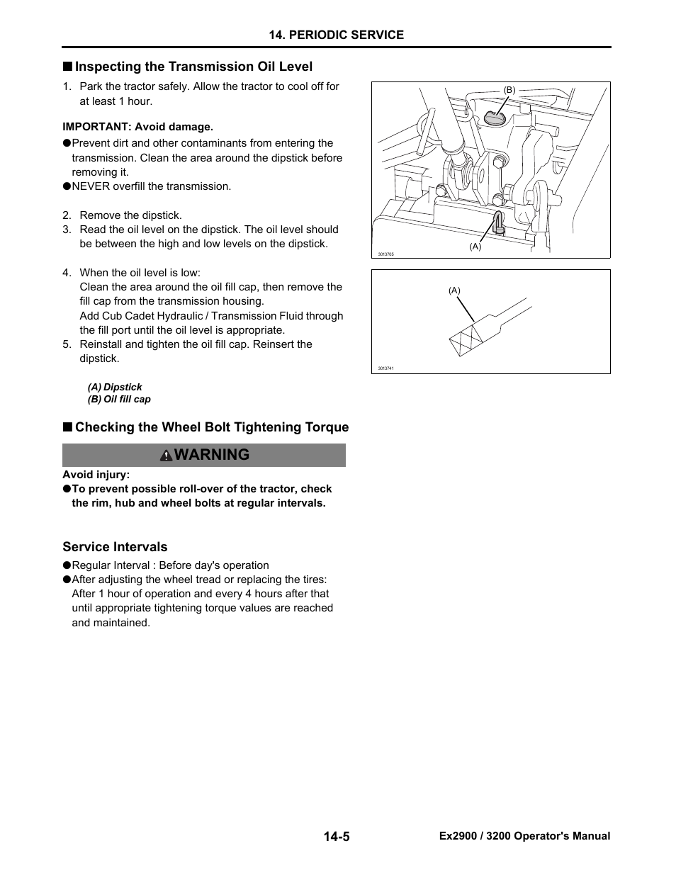 Inspecting the transmission oil level, Checking the wheel bolt tightening torque, Inspecting the transmission oil level -5 | Checking the wheel bolt tightening torque -5, Warning | Cub Cadet Ex2900 User Manual | Page 87 / 134