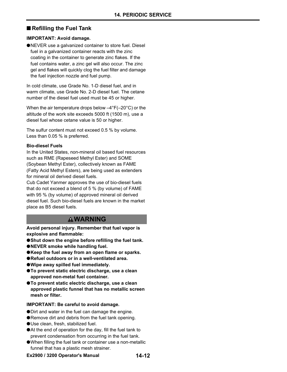 Refilling the fuel tank, Refilling the fuel tank -12, Warning | Cub Cadet Ex2900 User Manual | Page 94 / 134