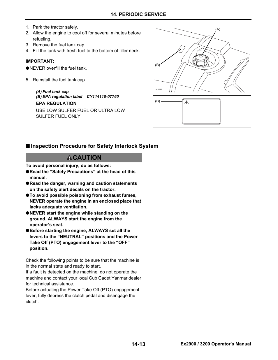 Inspection procedure for safety interlock system, Caution | Cub Cadet Ex2900 User Manual | Page 95 / 134