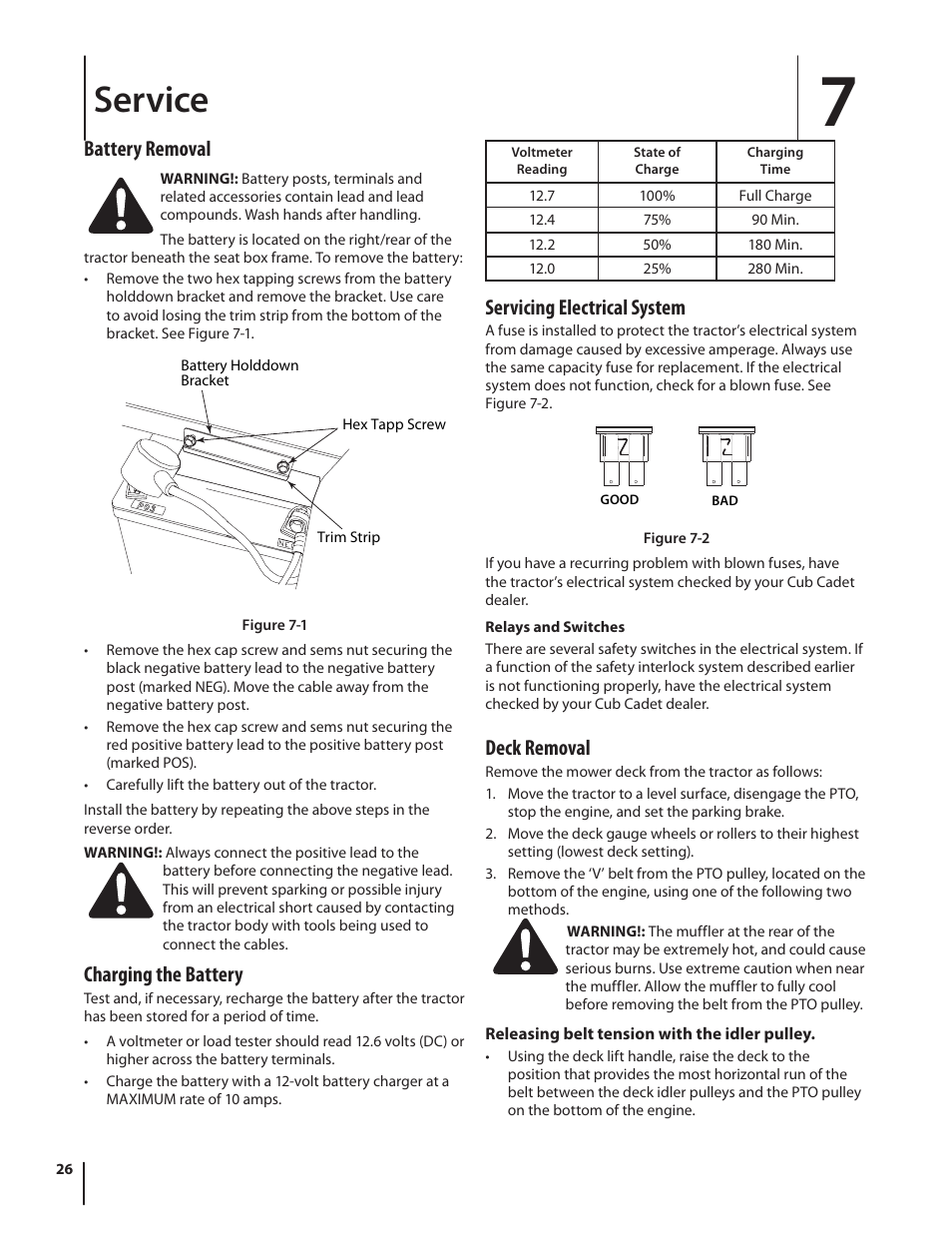 Service, Servicing electrical system, Deck removal | Battery removal, Charging the battery | Cub Cadet RZT54 User Manual | Page 26 / 36
