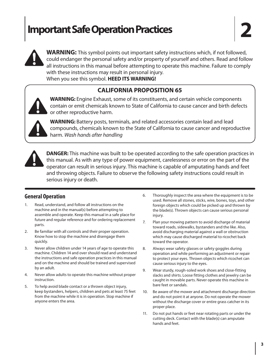 Important safe operation practices, General operation, Warning | California proposition 65 | Cub Cadet RZT54 User Manual | Page 3 / 36