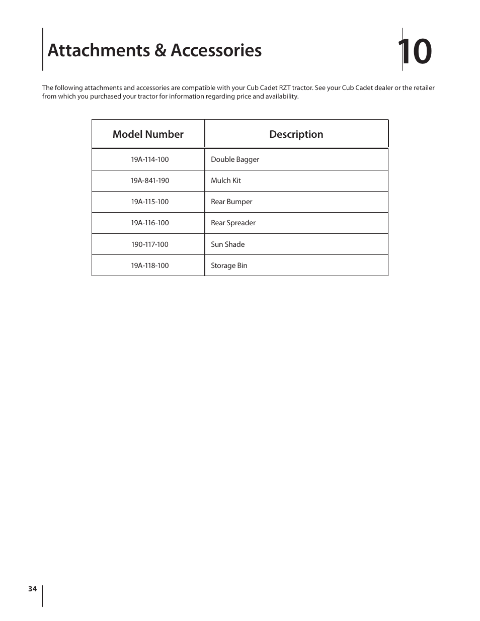Attachments & accessories | Cub Cadet RZT54 User Manual | Page 34 / 36