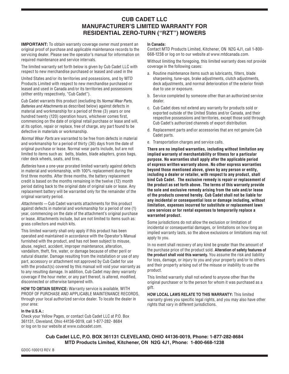 Cub Cadet RZT54 User Manual | Page 36 / 36
