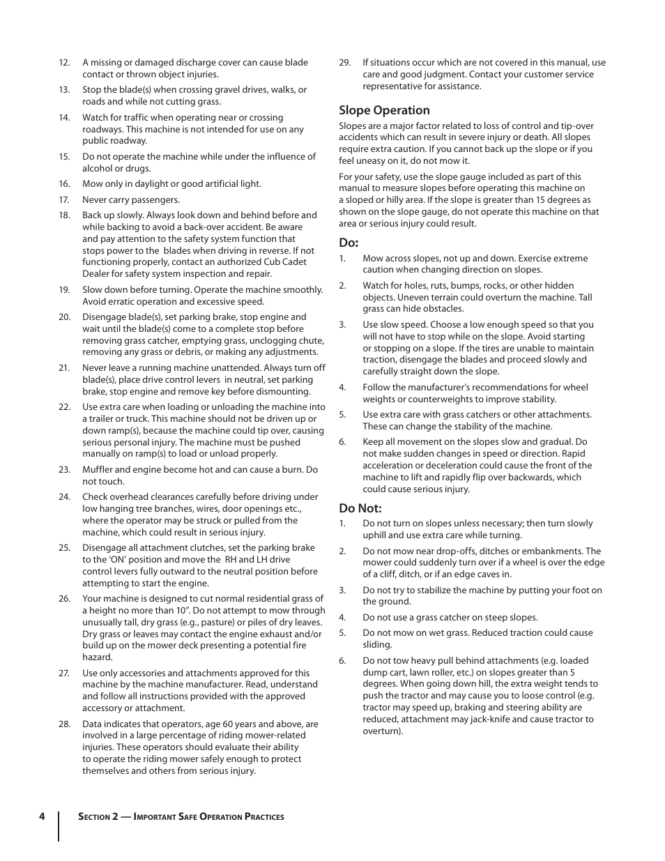 Slope operation, Do not | Cub Cadet RZT54 User Manual | Page 4 / 36