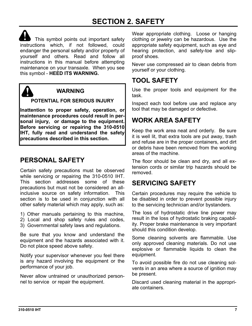 Personal safety, Tool safety, Work area safety | Servicing safety | Cub Cadet SLTX1000 Series User Manual | Page 245 / 278