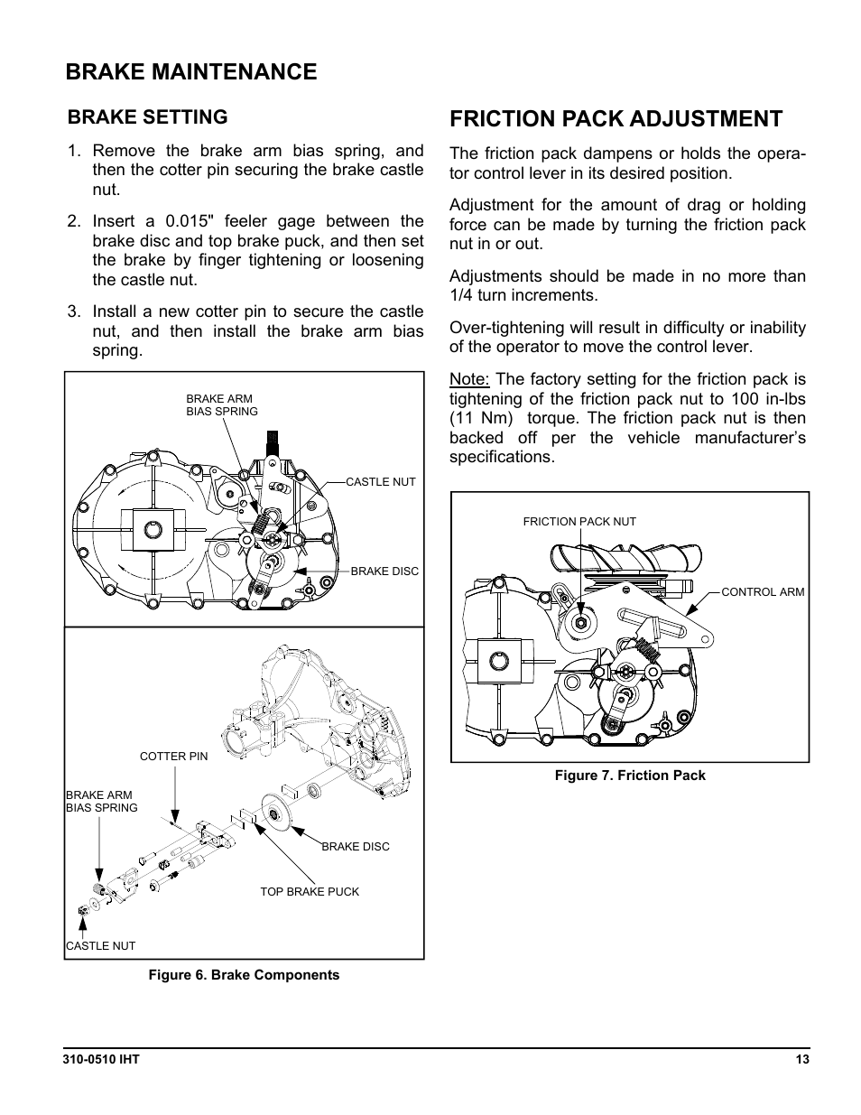 Friction pack adjustment, Brake maintenance, Brake setting | Cub Cadet SLTX1000 Series User Manual | Page 251 / 278