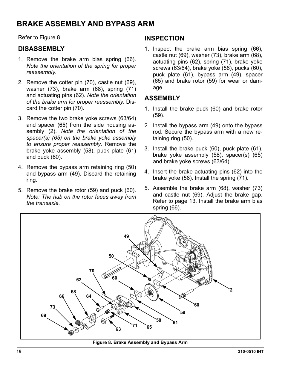 Brake assembly and bypass arm, Disassembly, Inspection | Assembly | Cub Cadet SLTX1000 Series User Manual | Page 254 / 278