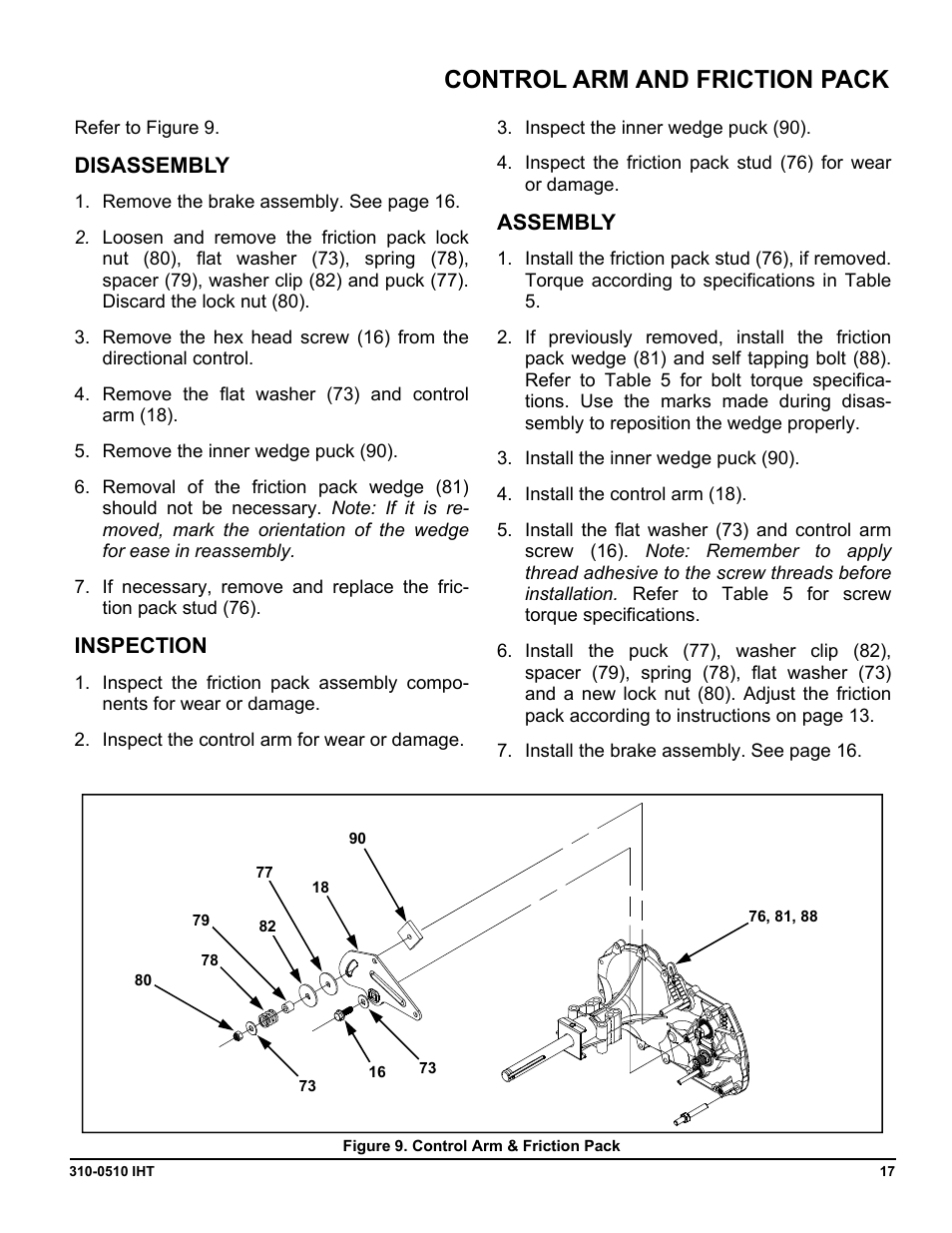 Control arm and friction pack, Disassembly, Inspection | Assembly | Cub Cadet SLTX1000 Series User Manual | Page 255 / 278