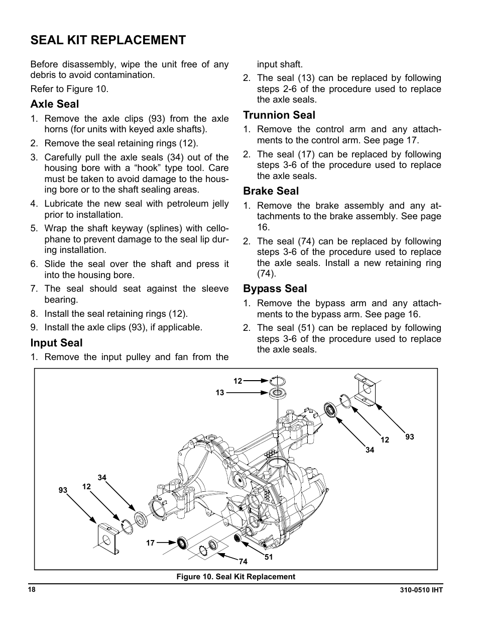 Seal kit replacement, Axle seal, Input seal | Trunnion seal, Brake seal, Bypass seal | Cub Cadet SLTX1000 Series User Manual | Page 256 / 278