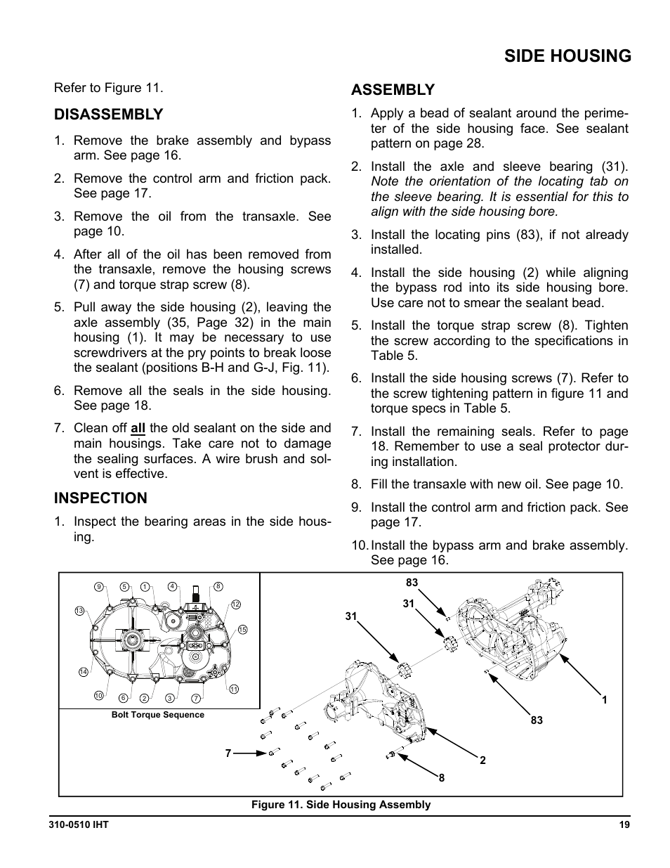 Side housing, Disassembly, Inspection | Assembly | Cub Cadet SLTX1000 Series User Manual | Page 257 / 278