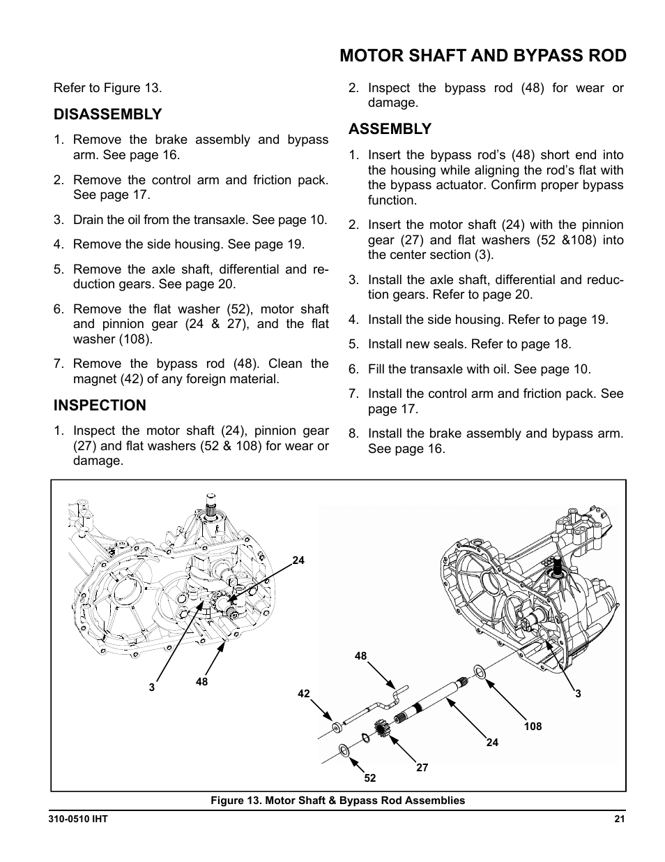 Motor shaft and bypass rod, Disassembly, Inspection | Assembly | Cub Cadet SLTX1000 Series User Manual | Page 259 / 278