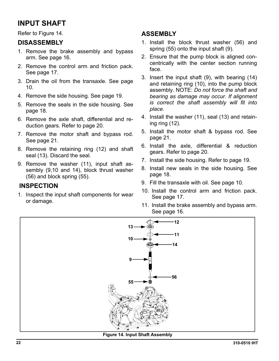 Input shaft, Disassembly, Inspection | Assembly | Cub Cadet SLTX1000 Series User Manual | Page 260 / 278