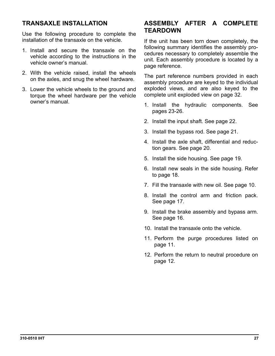 Transaxle installation, Assembly after a complete teardown | Cub Cadet SLTX1000 Series User Manual | Page 265 / 278