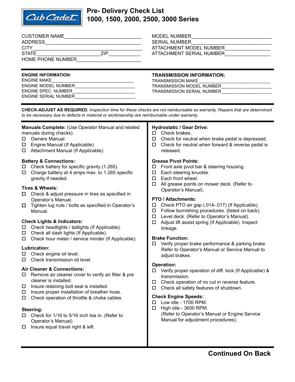 Continued on back | Cub Cadet 3000 Series User Manual | Page 3 / 133