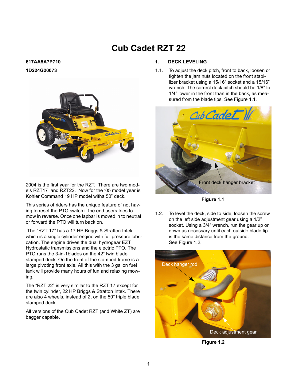 Cub cadet rzt 22, Deck leveling, Cub cadet rzt | Cub Cadet RZT 22 User Manual | Page 5 / 30