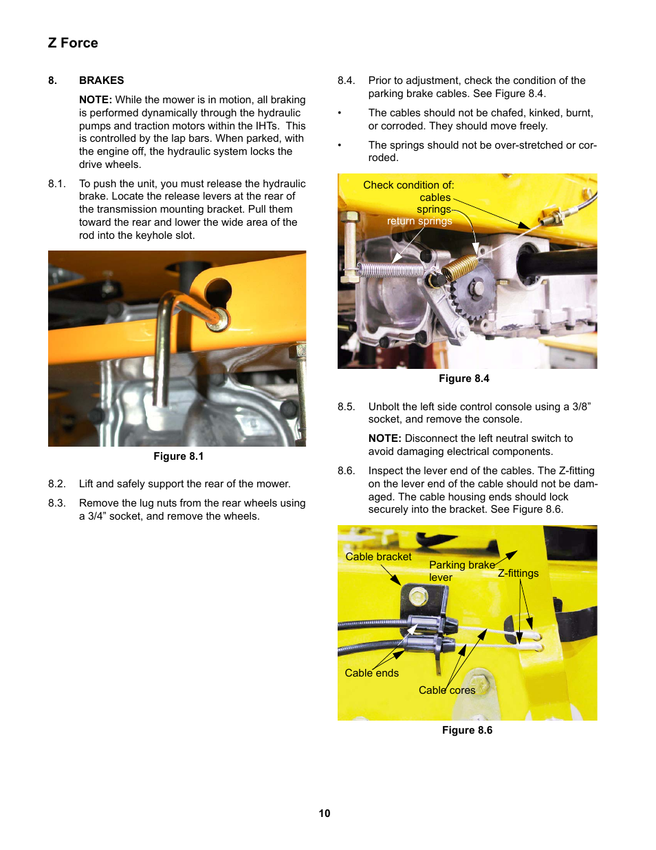Brakes, Z force | Cub Cadet Z-Force Series User Manual | Page 14 / 34