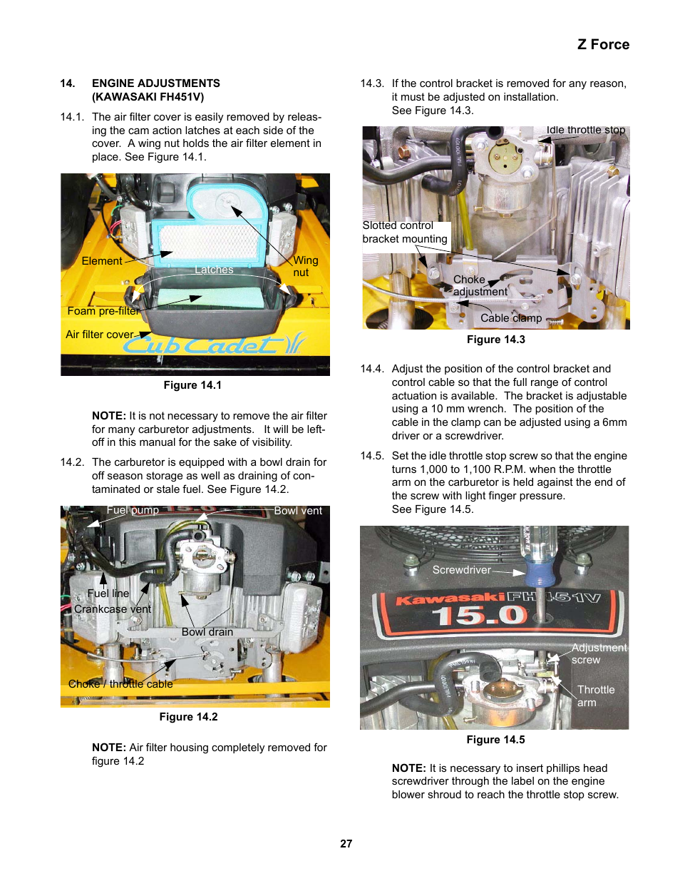 Engine adjustments (kawasaki fh451v), Z force | Cub Cadet Z-Force Series User Manual | Page 31 / 34