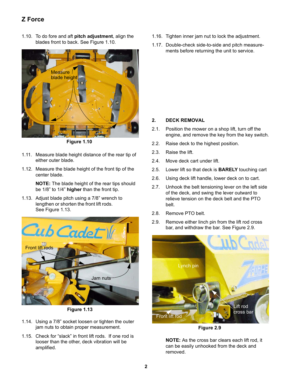 Deck removal, Z force | Cub Cadet Z-Force Series User Manual | Page 6 / 34