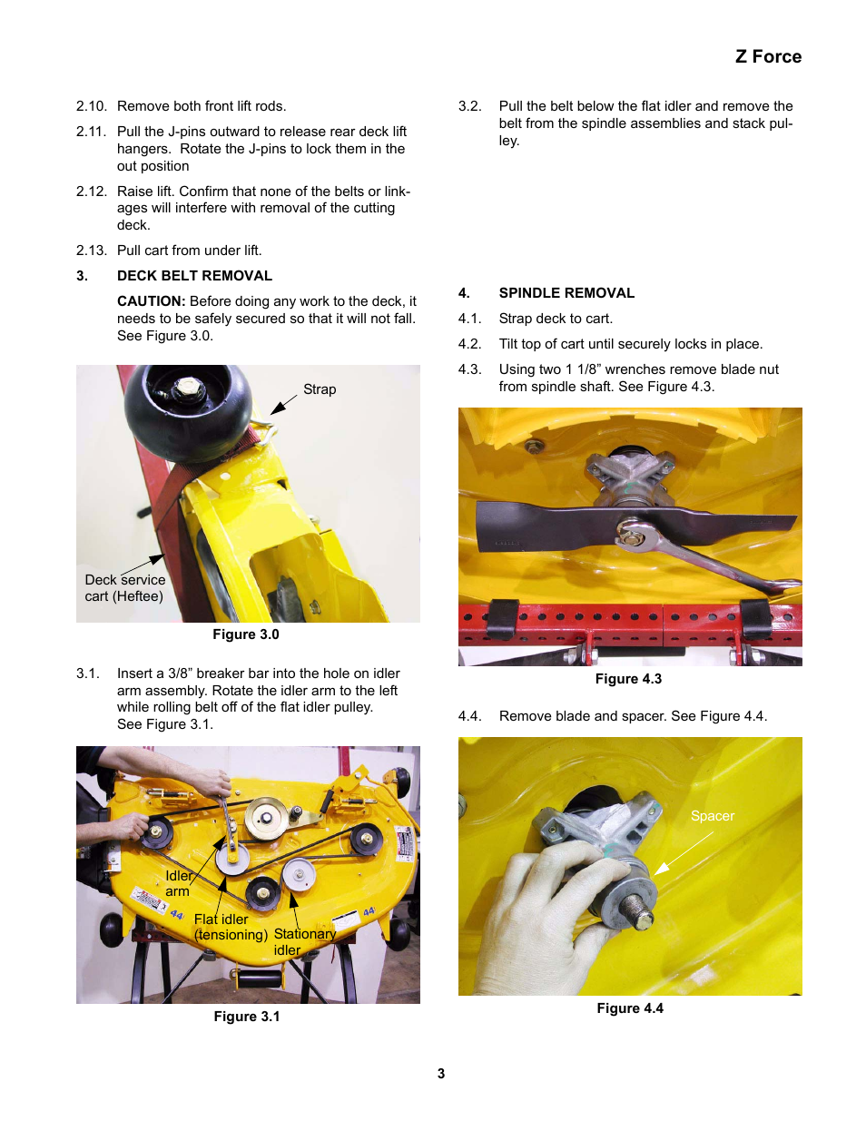 Deck belt removal, Spindle removal, Z force | Cub Cadet Z-Force Series User Manual | Page 7 / 34