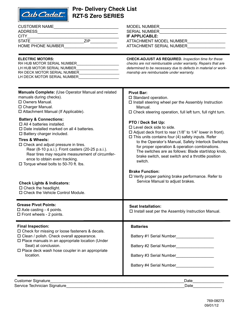 Pre- delivery check list, Pre- delivery check list rzt-s zero series | Cub Cadet RZT-S Zero Electric User Manual | Page 153 / 156