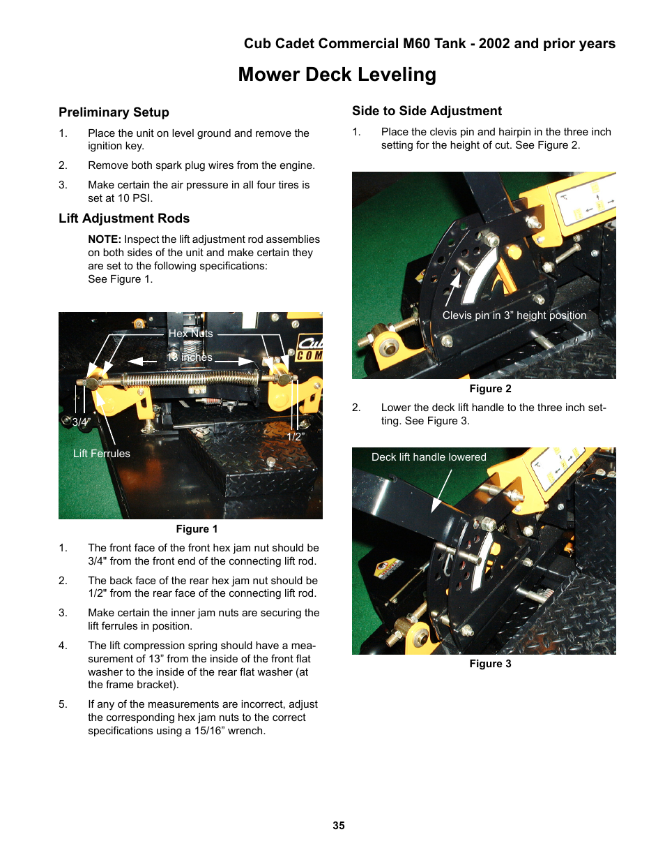 Mower deck leveling, Lift adjustment rods, Side to side adjustment | Cub Cadet MMZ Rider User Manual | Page 39 / 64